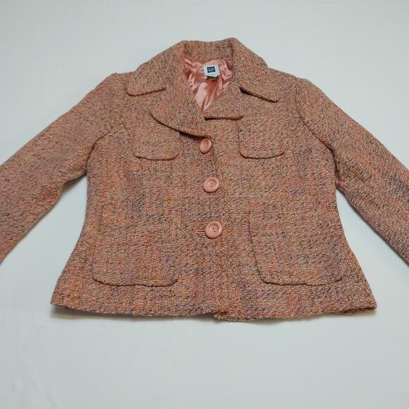 Gap Vtg Women Blazer Size 8P 3 Button Tweed Blush Pink Crop Acetate Lining - Picture 1 of 12